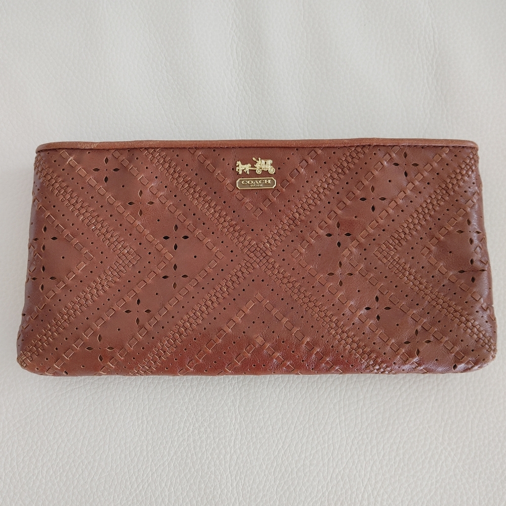 Coach Leather Wristlet with Laser Cut Detail - Rich Brown - OS - Picture 7 of 8